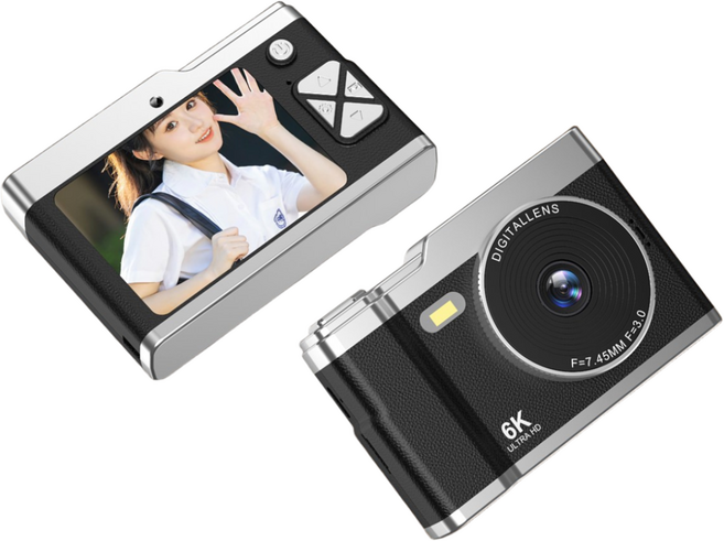 ANYOU 디지털 카메라 4K 영상 고화질 셀카 소형카메라 64GB 메모리 카드, 블랙, 블랙