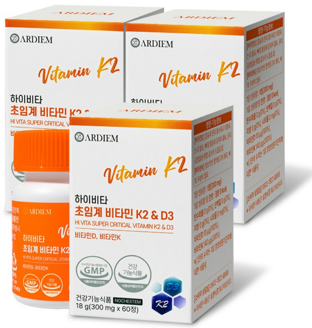 아르디엠 하이비타 초임계 비타민 K2&D3 메나퀴논 MK7 300mg, 3개, 60정
