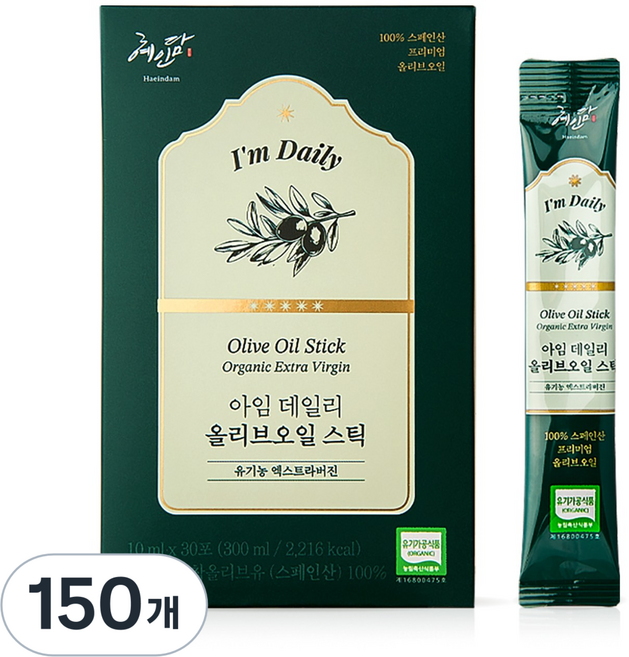 유기농 엑스트라버진 100% 혜인담 아임 데일리 올리브오일 스틱, 150개, 10ml