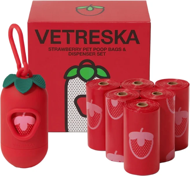 VETRESKA 스트로베리 강아지 향기나는 배변봉투 풉백 디스펜서 세트(딸기향), 세트구성(디스펜서1개+풉백7롤), 1개, 1개입 - 쿠팡