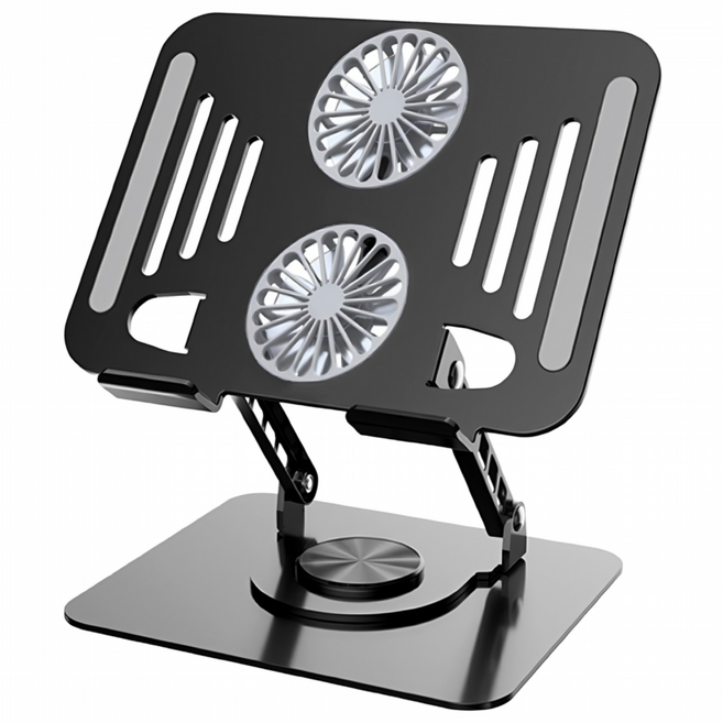듀얼 팬 쿨러 노트북거치대 높이조절 360도 회전 태블릿 호환, 블랙