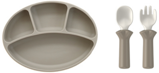 블루마마 모두얌 실리콘 스푼 + 포크 + 흡착식판 + 스푼포크 케이스, 베이지, 1세트