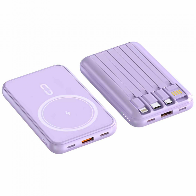 20000MAH 磁吸行動電源 輕薄快充大容量 自帶線TYPEC行動充, 款式1 紫 磁吸無線+自帶線