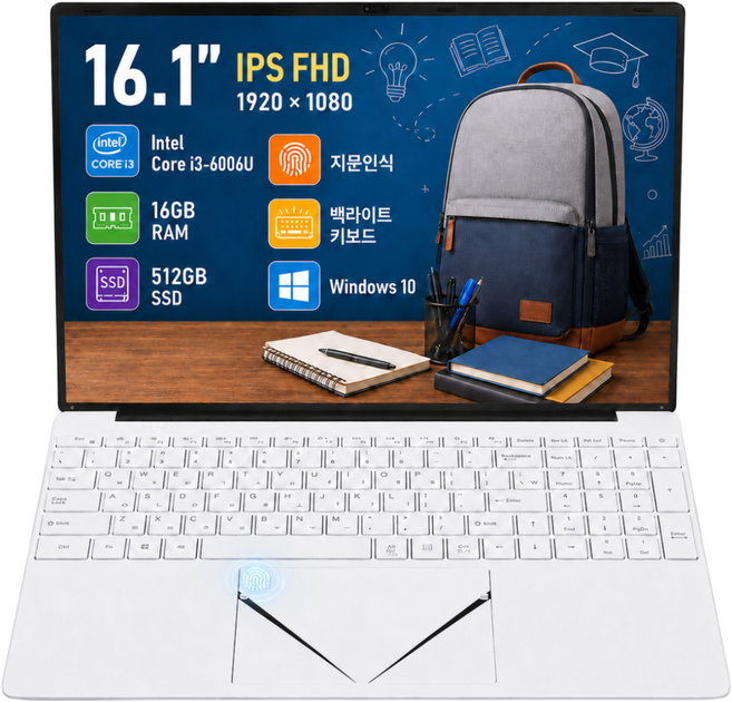 16.1인치 가성비 노트북 SSD 512GB RAM 16GB i3-6006U WIN10 사무용 학습용, T18-1, 화이트