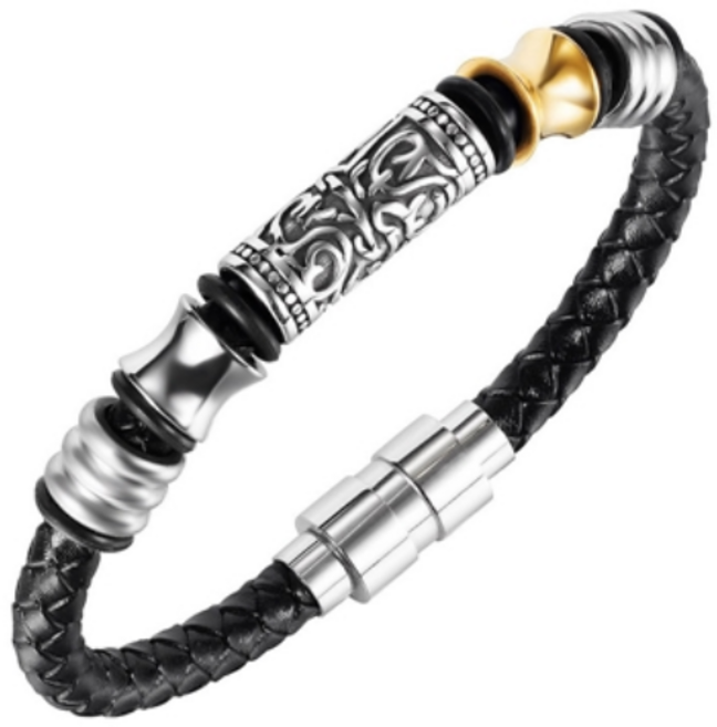 에르모사제이 맨즈 MW048 써지컬 스틸 포인트 원통 남자 가죽 팔찌