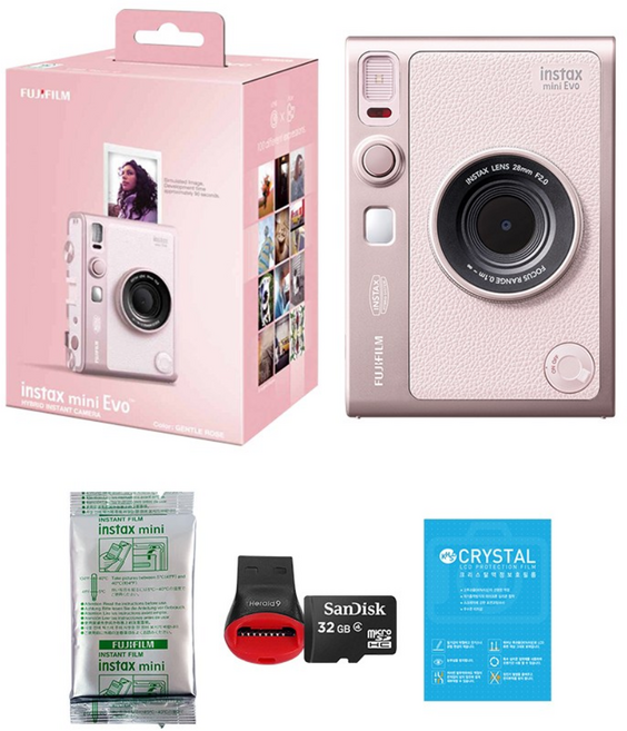 인스탁스 미니 에보 즉석카메라 + 미니필름 1팩/액정필름+SD카드, 1세트, 젠틀로즈
