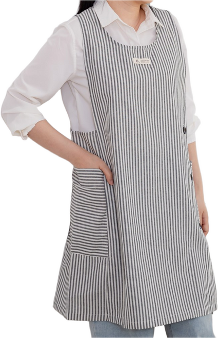 데코에버 린넨 원피스형 앞치마 스트라이프 옆주머니형 롱 앞치마, 1개, 그레이