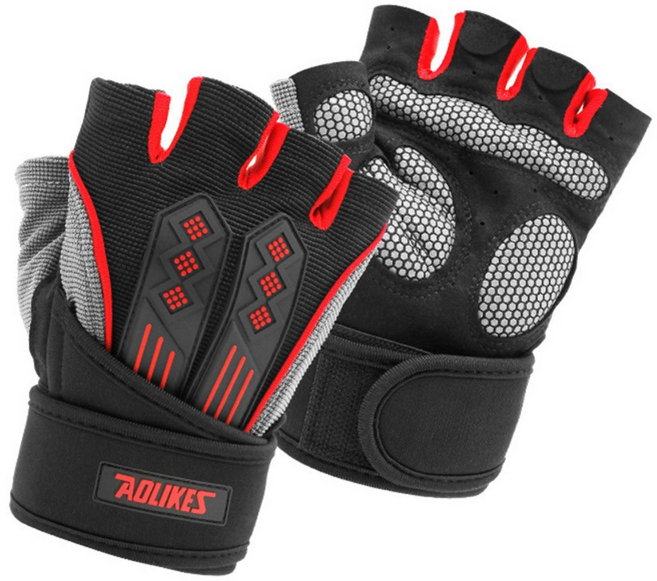 AOLIKES 헬스장갑 운동장갑 헬스스트랩, 레드, Red