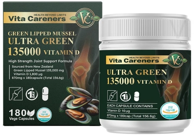 비타케어너스 울트라그린 135000 비타민D 180캡슐 초록입홍합, 1개, 180정 - 쿠팡