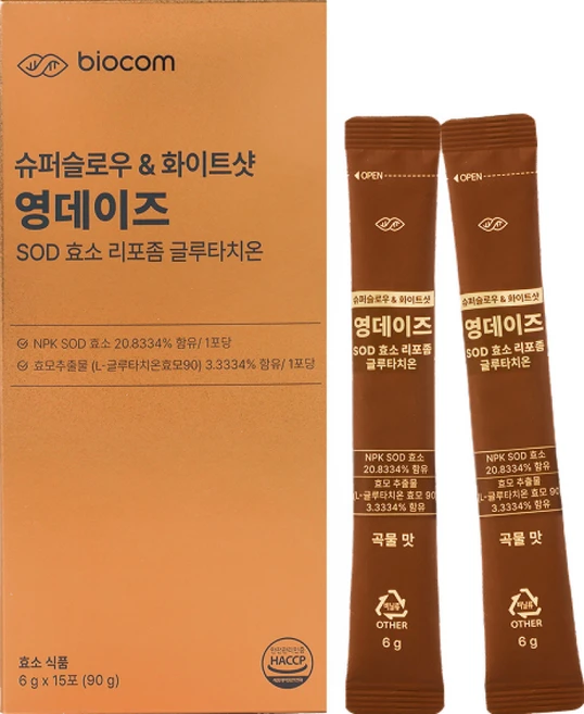 바이오컴 영데이즈 저속노화 SOD효소 리포좀 글루타치온 항산화 영양제 15포, 1개, 90g - 쿠팡