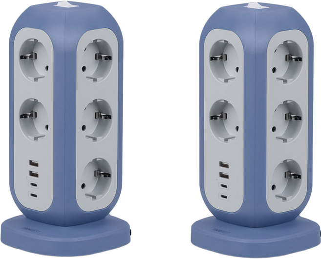 고용량 멀티탭 1+1 타워형 스탠드형 4000W 15구(USB-A타입 USB-C타입 포함), 페일 블루