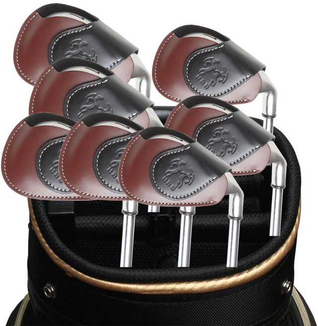 헤링본 천연소가죽 자석 아이언커버 8개 1세트 골프채 헤드커버 골프채 커버, 8세트 블랙앤브라운