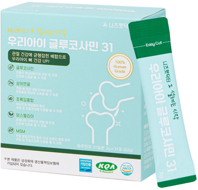 니즈펫닥터 강아지 영양제 관절&뼈 글루코사민 + 상어연골 + 초록잎홍합 31포, 31회분, 뼈/관절강화, 1개