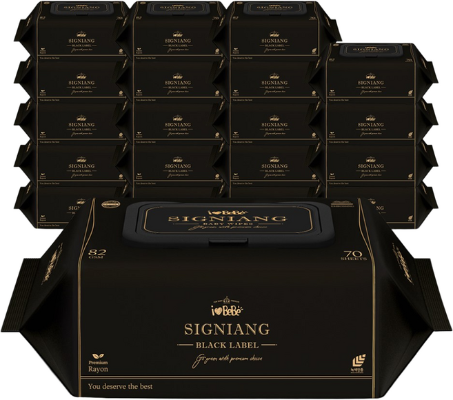 아이러브베베 시그니앙 블랙라벨 엠보 아기 물티슈 캡형, 82g, 70매, 20개