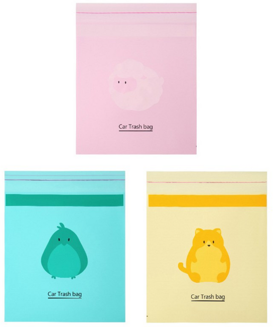 래빗앤코 접착식 휴대용 쓰레기봉투 귀여운 동물 3종세트 45매 가정용 차량용 캠핑용 붙이는 쓰레기봉투, 1세트, 핑크15+그린15+옐로우15