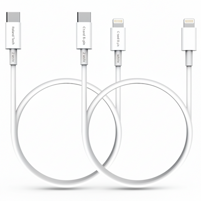 로랜텍 C to 8핀 PD 고속충전 케이블 2매입, 2m, 화이트, 2개