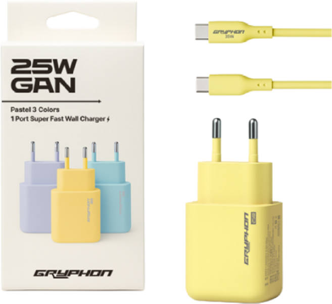 GRYPHON 25W 초고속 충전기 파스텔 3컬러 PD PPS C타입 케이블 포함, 1개, 옐로우