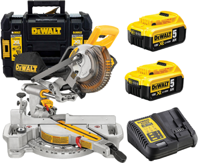 디월트 DCS361P2 18V / 5.0Ah 7 1/4인치 슬라이딩 각도절단기 (톱날 포함-60T), 1개