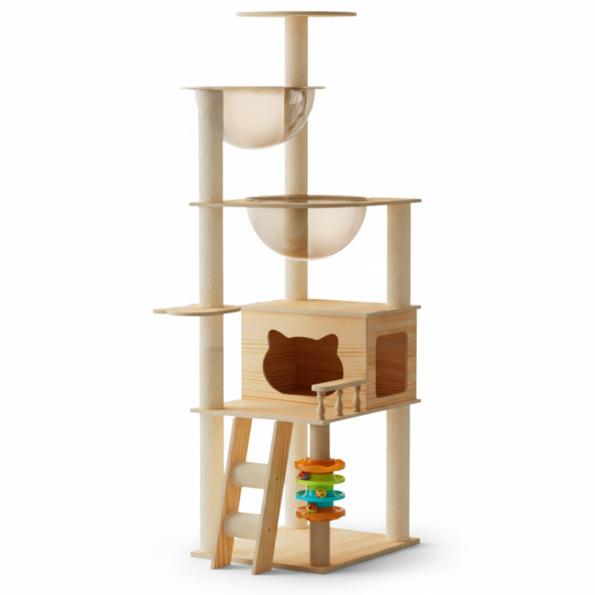 Pawprint 원목 캣타워 대형 소형 고양이 캣타워 우주선 아크릴 투명 캣하우스 다기능 고양이 놀이 공간 다묘가정 초보집사 먼치킨 성인묘 거실 원룸 실내용 다양한 고양이 활동에, 1개