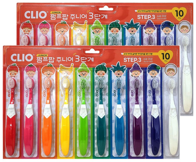 크리오 펌프팝 어린이칫솔 초등 주니어 3단계 10개입 x2개, 혼합색상, 2개