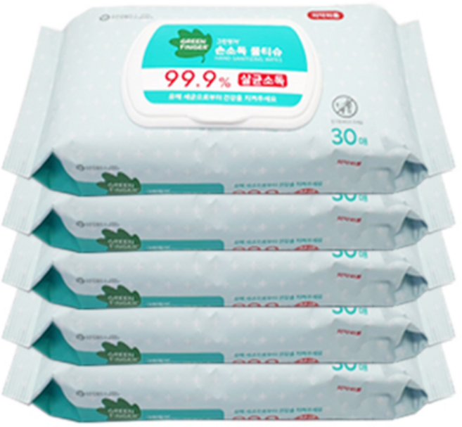 그린핑거 손소독 물티슈 캡형, 30개입, 5개