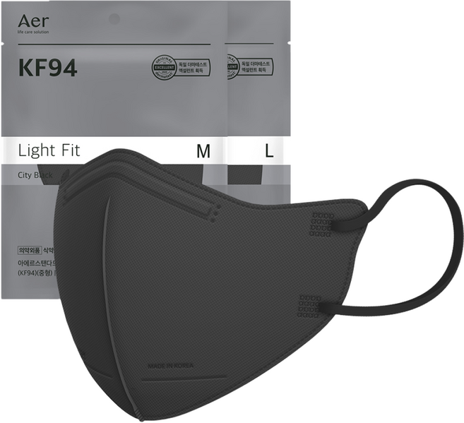 아에르 스탠다드 라이트핏 보건용 마스크 대형 KF94, 1개입, 50개, 시티 블랙