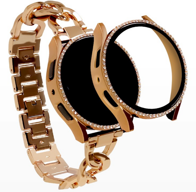 티엑스엘엑스 갤럭시워치 체인 메탈 스트랩 + 큐빅 풀커버 케이스 세트, 로즈골드