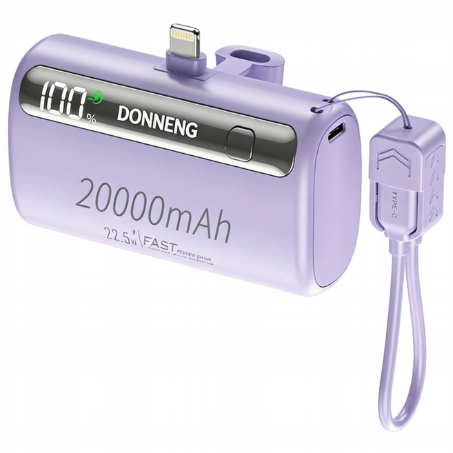 DONNENG 小型行動電源20000mAh Type-C/Lightning 直插充電頭 快充22.5W 配Type-C掛繩充電線, 紫色, Lightning充電頭