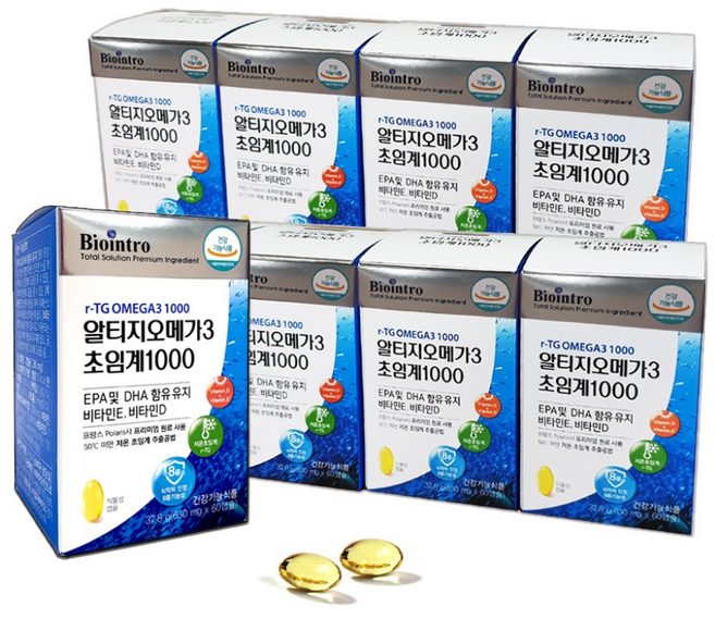 알티지오메가3 초임계 1000 비타민E 비타민D 함유 1000mg EPA+DHA 비린내 없는 저온초임계 RTG 오메가쓰리 알작은 식물성 캡슐, 60정, 8개