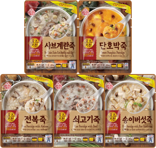 오뚜기 오즈키친 450g 파우치죽 5종세트(전복+송이버섯+단호박+쇠고기+샤브계란), 5개