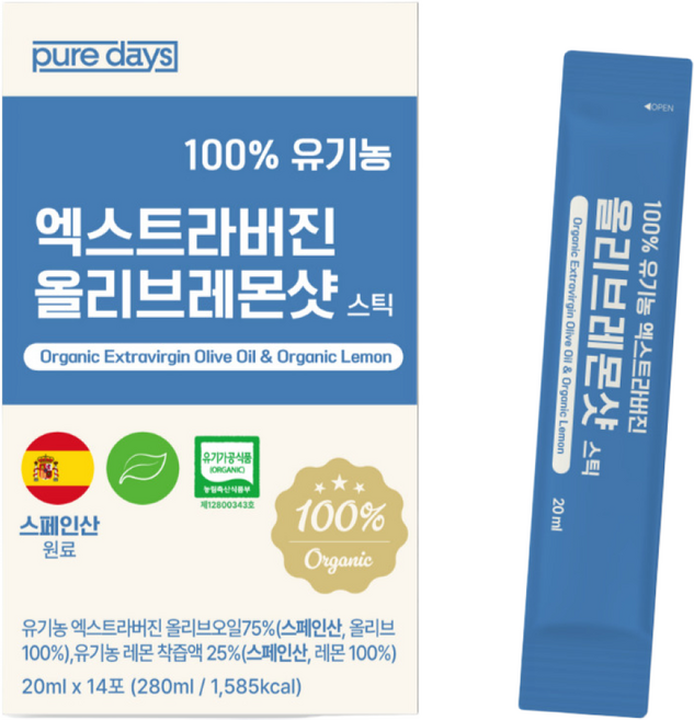 퓨어데이즈 100% 유기농 올레샷 엑스트라버진 올리브오일 레몬즙 스틱, 14개, 20ml