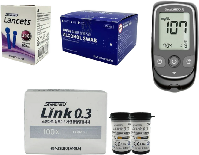 SD 스탠다드링크0.3 혈당측정기 풀세트 (기계+시험지100+정품채혈침110+정품알콜솜100+건전지+파우치+채혈기) SW, 1개, 기계+시험지100+채혈침110+알콜솜100매입 풀세트