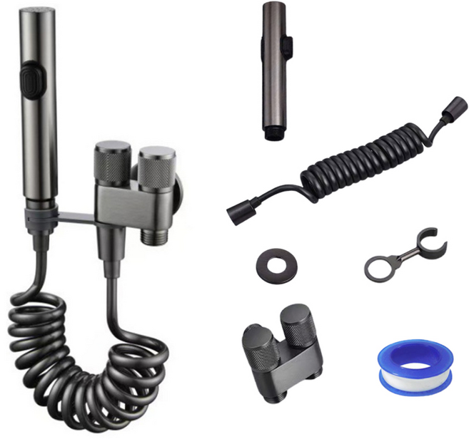 다이나토리 욕실 스텐 청소건 + 코일호스 2m + T자밸브거치대, 그레이