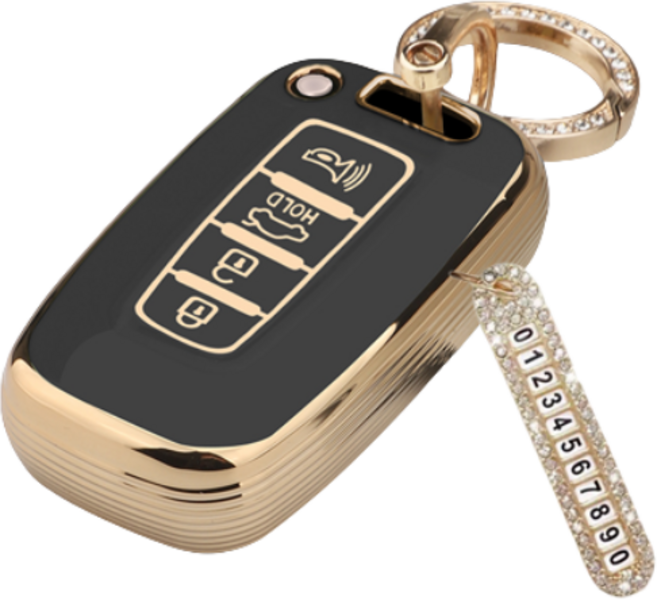 키에티 현대 기아 호환 쏘렌토R 그랜저TG 모하비 4버튼 TPU 엣지 키케이스 + 큐빅번호판, 골드_블랙, HKA04CH