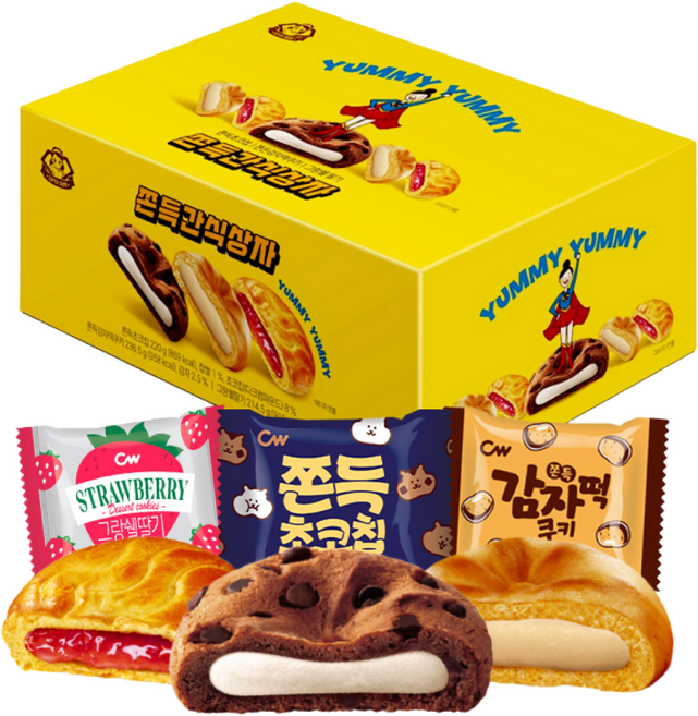 청우 쫀득간식상자 3종 인기모음세트(33입) / 쫀득초코칩쿠키+쫀득감자떡쿠키+그랑쉘딸기, 1세트, 쫀득초코칩쿠키11개+쫀득감자떡쿠키11개+그랑쉘딸기11개