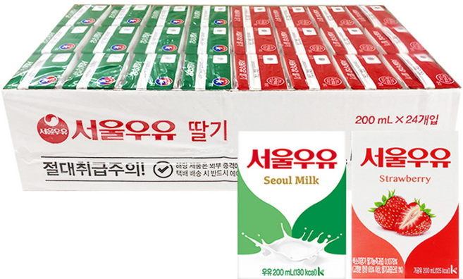 서울우유 멸균우유 + 딸기우유 (각 12개씩 총 24입), 24개, 200ml, 24개