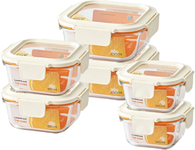 유리뚜껑 밀폐용기 락앤락 더큐브, 더큐브 정사각6p, 1세트