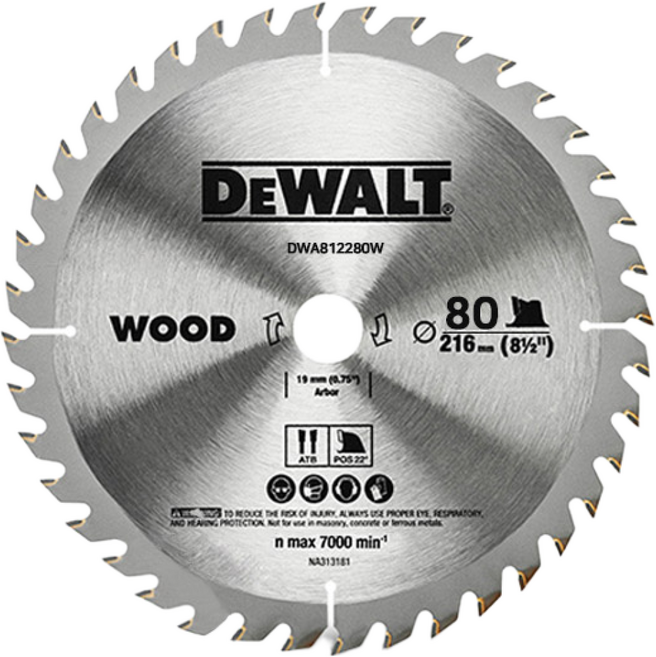 공구지기 디월트 목재용 8.5인치 216X25.4mm 원형톱 충전 팁쏘 날 80T DWA812280W, 1개