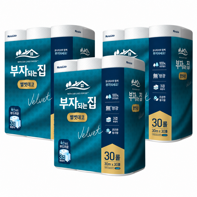 모나리자 부자되는집 벨벳데코 롤화장지 3겹, 30m, 30롤, 3개