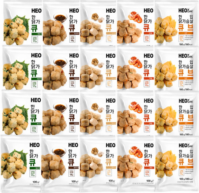 허닭 한입 닭가슴살 큐브 5종 혼합 (떡갈비+새우+깻잎+치즈+갈릭), 20개, 100g