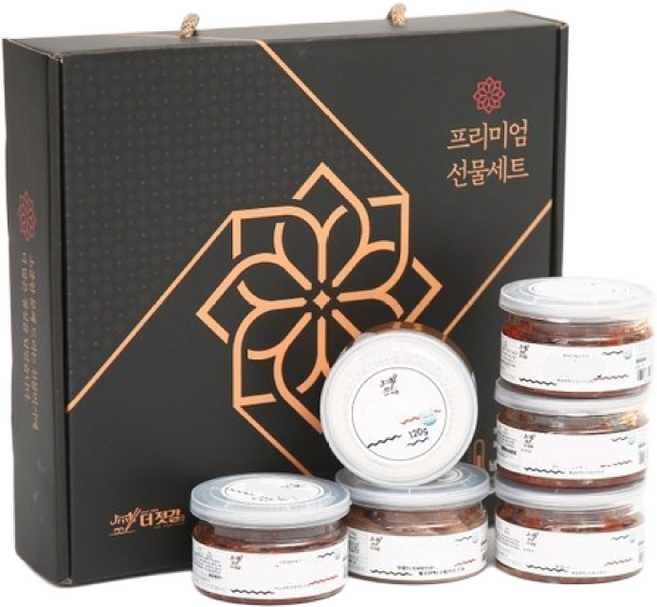 (주) 더젓갈 양념젓갈 120g 6종 프리미엄 선물세트 (백명란(선동)+참오징어젓+낙지젓+꼴뚜기젓+가리비젓+갈치속젓), 매실 120g 6종 선물세트