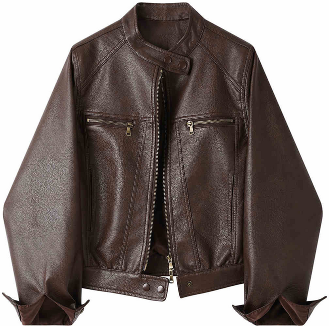 POMTOR 여성 루즈핏 PU 레더자켓 라운드넥 심플 바이커 무드 아우터