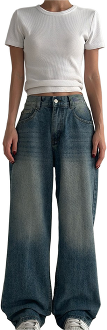 여성 워싱 뒷밴딩 와이드 청바지(키별 3단기장)