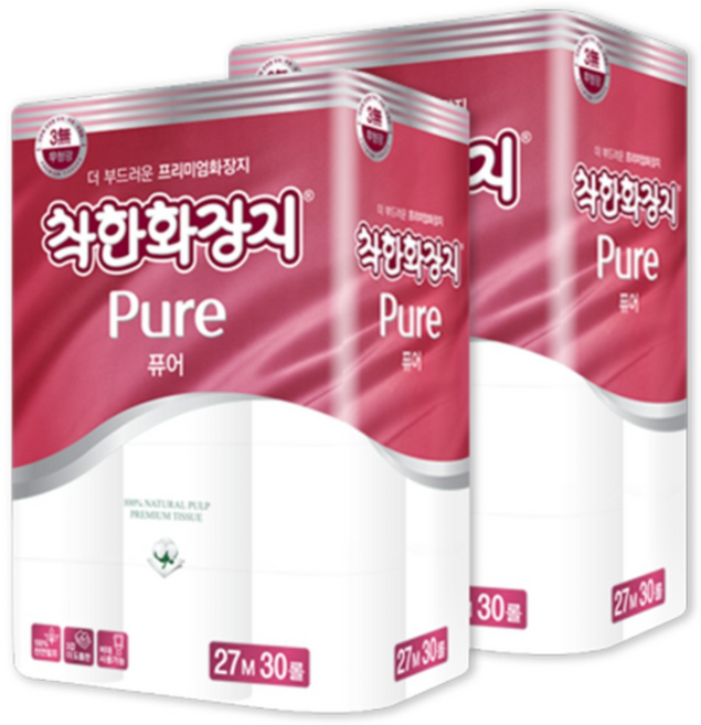 착한화장지 퓨어 3겹 화장지 27m 30롤 2팩(60롤), 2, 30개입