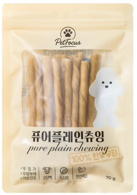 펫포커스 한우우피껌 오래먹는 강아지껌 국내산 수제간식, 1개, 70g, 퓨어플레인츄잉 - 쿠팡