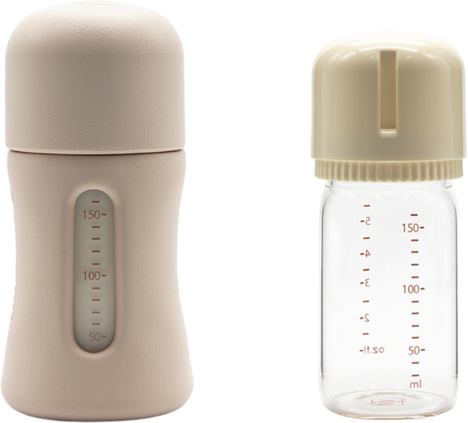 <더블팩> 안심유리젖병 커버보틀 1P+스페어보틀 1P (유리젖병 2P 꼭지 1P 커버 1P), 2개, 누드베이지&바닐라, 160ml