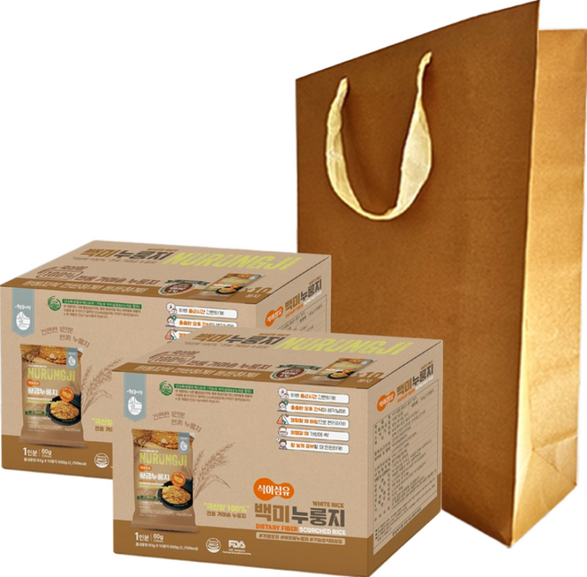 [선물포장]기능성 식이섬유 황금누룽지 60g 10봉 2박스 간편한 1인분 개별포장 여행용 포켓누룽지 해외여행 필수템, 백미누룽지 2Box(쇼핑백), 20개
