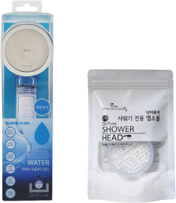 [Dr.Pure] 닥터퓨어 녹물제거 필터샤워기, 샤워기+염소볼, 1세트