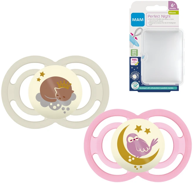 맘베이비 퍼펙트나이트 치아발달 실리콘 쪽쪽이 2p+간편세척 케이스 핑크 아이보리, 6개월, 1세트 - 쿠팡
