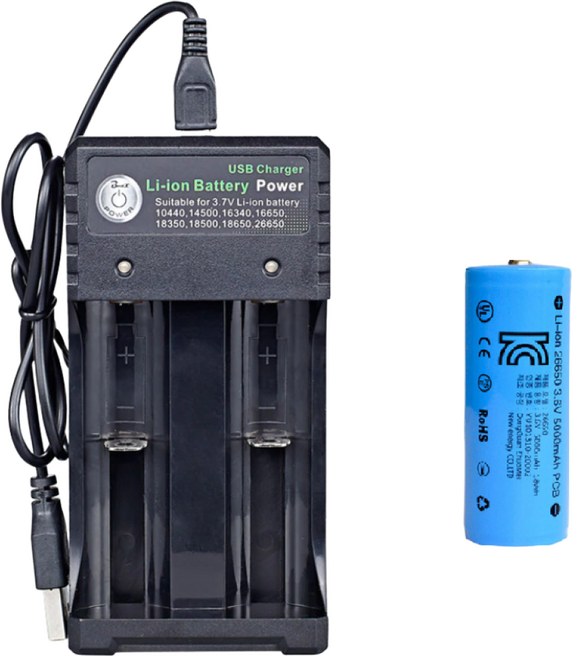 KC인증 리튬이온 배터리 2구 멀티충전기 + 26650 5000mAh 3.6V 배터리, 2구 충전기 + 26650 1개, 1개